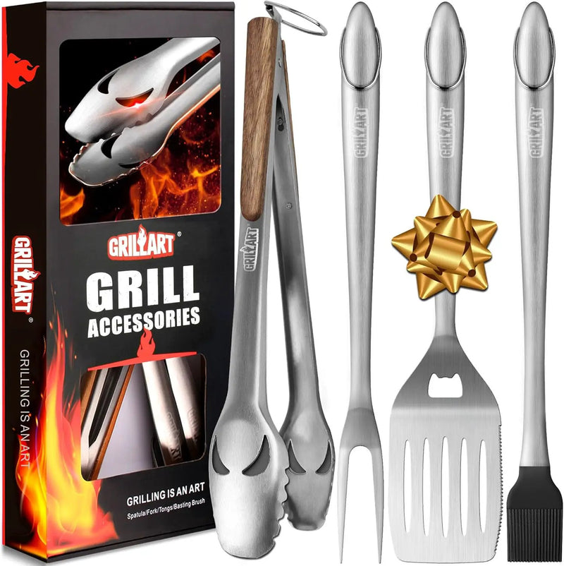 GRILLART BBQ Tools Grill Tools Set -18Inch Grilling Tools BBQ Set - Grill Accessories w/BBQ Tongs, Spatula, Fork, Brush- Stainless Grill Kit Grilling Set - Gift Ideas BBQ Accessories Gifts for Men Dad by GreenHaven Gardens