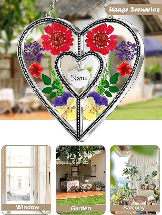 KY&BOSAM Heart Suncatcher Nana Stained Glass Panles Hangings for Windows Ornament Sun Catchers with Pressed Real Flower Heart Embedded in Glass Birthday Gifts for Nana Mother`s Day Home Garden Decor by GreenHaven Gardens