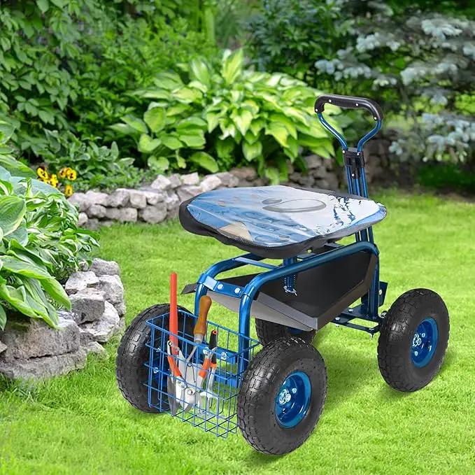 VEVOR Rolling Garden Work Seat with Wheels, Gardening Stool for Planting, 360 Degree Swivel Seat, Garden Scooter with Steering Handle & Tool Tray, Garden Chair for Outdoor, Patio and Yard, Blue by GreenHaven Gardens