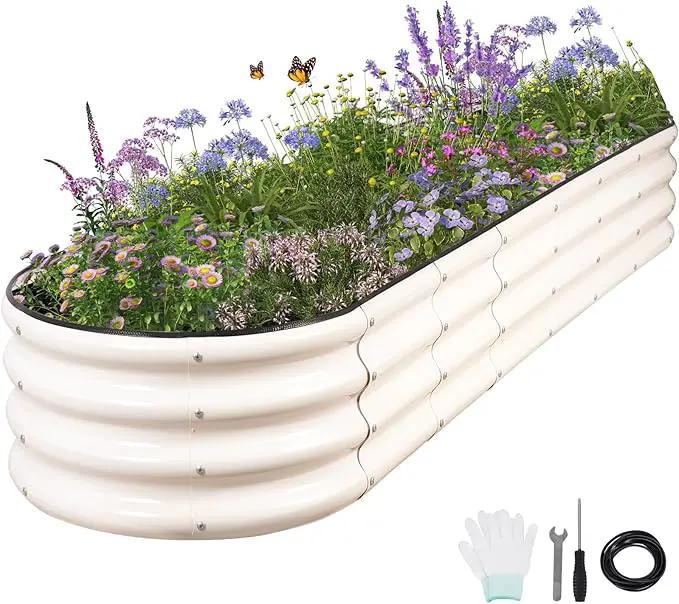 Galvanized Raised Garden Bed - 8x2x1FT Metal Planter Boxes Outdoor | Oval Steel Raised Bed Kit for Gardening with Protective Tape, Bracing Rods, Gloves for Vegetables, Flower, Herb (White) by GreenHaven Gardens