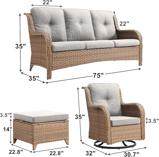 Outdoor Wicker Patio Furniture Set - 5 Piece Rattan Patio Conversation Set with 2 Rocking Swivel Chairs,2 Ottomans and 1 Sofa for Porch Deck Backyard Garden(Yellow/Beige) by GreenHaven Gardens
