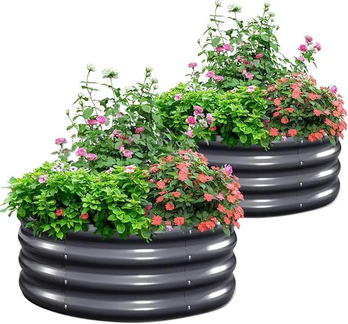 KING BIRD Raised Garden Bed Galvanized Round Planter Box Outdoor for Gardening, Plants, Vegetables, Flowers, Dark Grey, 24x24x12 in 2 Packs by GreenHaven Gardens
