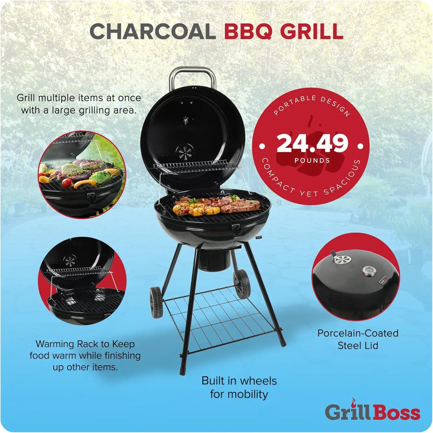 Grill Boss Charcoal Kettle Grill with Large 22-Inch Cooking Area - Includes Warming Rack, Bottom Storage Shelf, Ash Catcher & Wheels for Outdoor BBQ, Tailgating, Camping & Backyard Grilling by GreenHaven Gardens