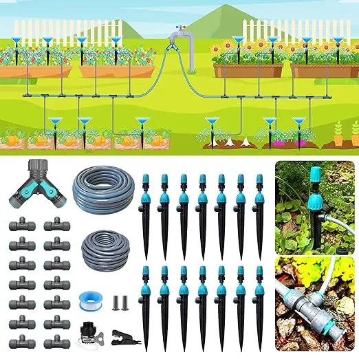 Automatic Drip Irrigation Kits with Y-Type Distribution Tubing, 14 Drip and Spray Integrated Nozzles, 33ft PE Main Tube, and 33ft PVC Branch Tubing for Garden, Patio, and Greenhouse by GreenHaven Gardens