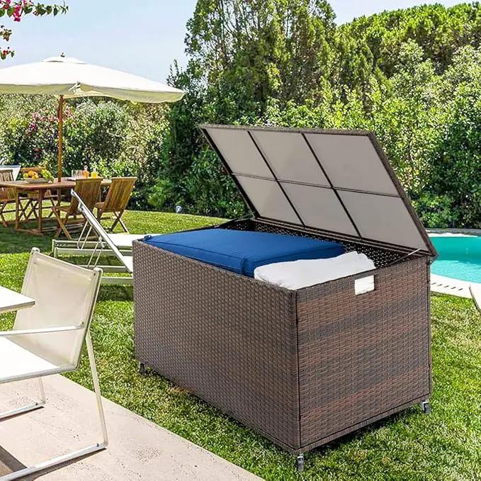 Outdoor 170 Gallon Water-Resistant Wicker Storage Box with Wheels, PE Rattan Deck Box with Waterproof Liner for Outside, Patio Storage Container with Hinged Lid, Horizontal Bin, Brown by GreenHaven Gardens