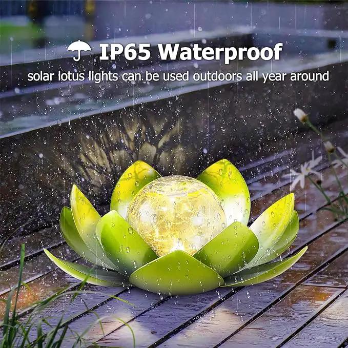Huaxu Solar Lights Outdoor Garden Decoration Crackle Globe Glass Waterproof LED Metal Green Lotus Flowers Gift for Mom,Women,Patio,Lawn,Walkway,Tabletop,Ground by GreenHaven Gardens
