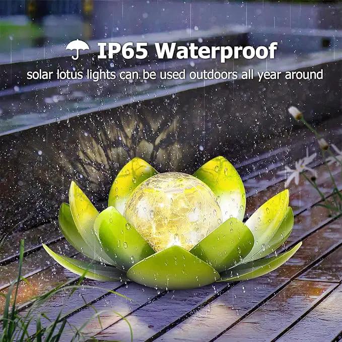 Huaxu Solar Lights Outdoor Garden Decoration Crackle Globe Glass Waterproof LED Metal Green Lotus Flowers Gift for Mom,Women,Patio,Lawn,Walkway,Tabletop,Ground by GreenHaven Gardens
