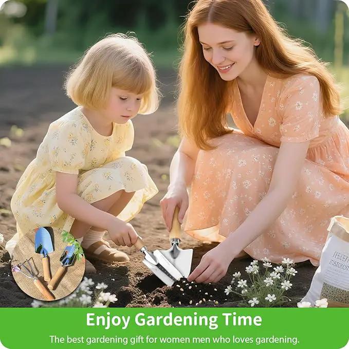 Garden Tool Set, 3 Pieces Gardening Kit with Garden Plant Twist Tie and Plastic Plant Tag, Stainless Steel Heavy Duty Garden Tools with Wooden Handle, Gardening Gifts for Women by GreenHaven Gardens