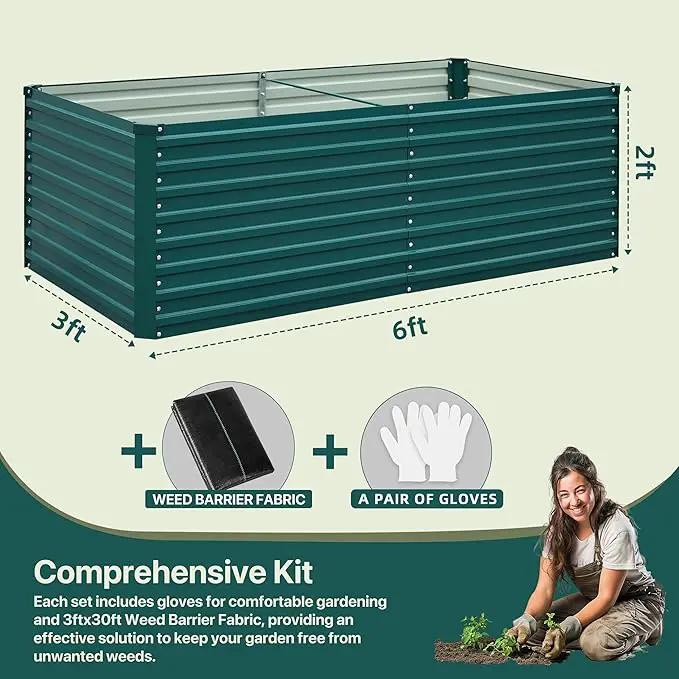 Raised Garden Bed Kit-6x3x2ft-Galvanized Steel-Ideal for Vegetables, Flowers, Herbs-Large Deep Root Planter Box-Tall Design-Includes 3ft x 30ft Weed Barrier Fabric and 1 Pair of Gloves-Green by GreenHaven Gardens