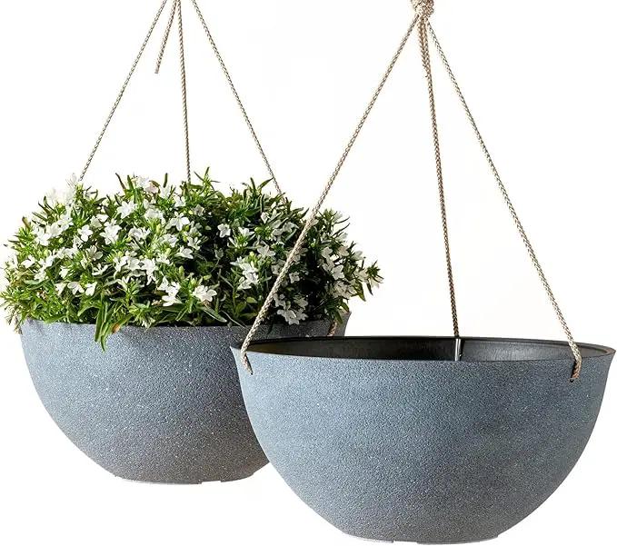 LA JOLIE MUSE Large Hanging Planters for Outdoor Plants - Hanging Flower Pots Weathered Gray (13.2 Inch, Set of 2) by GreenHaven Gardens