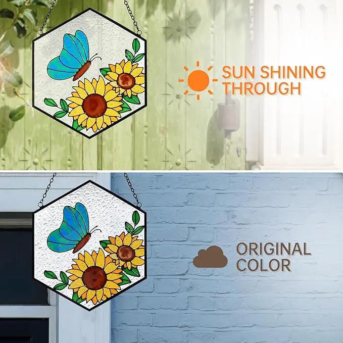 Butterfly Sunflower Stained Glass Suncatchers Windows Hanging Decorative,Hand Paint Sun Sunflower Catchers Indoor Ornaments with Stick Hook,Memorial Gifts for Mom/Women by GreenHaven Gardens