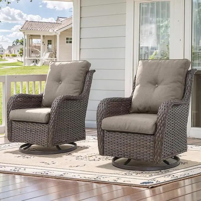Outdoor Swivel Rcoker Patio Chairs - Outdoor Swivel Patio Chairs Set of 2 Wicker Chair Patio Furniture Sets with Covered Cushion for Porch Deck Balcony Garden, Gray by GreenHaven Gardens