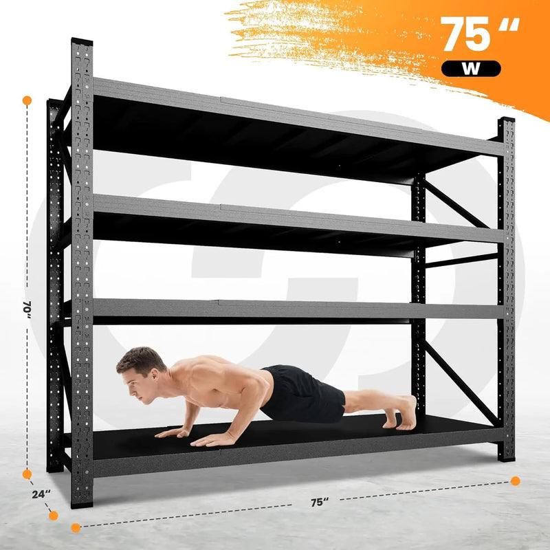 75” W Heavy Duty Metal Shelf, 8000LBS Metal Garage Shelving Units, 4 Tier Storage rack shelves, Steel Industrial Shelving , Adjustable Standing Shelf for Basement/Warehouse 75"W x 24"D x 70"H, Black by GreenHaven Gardens