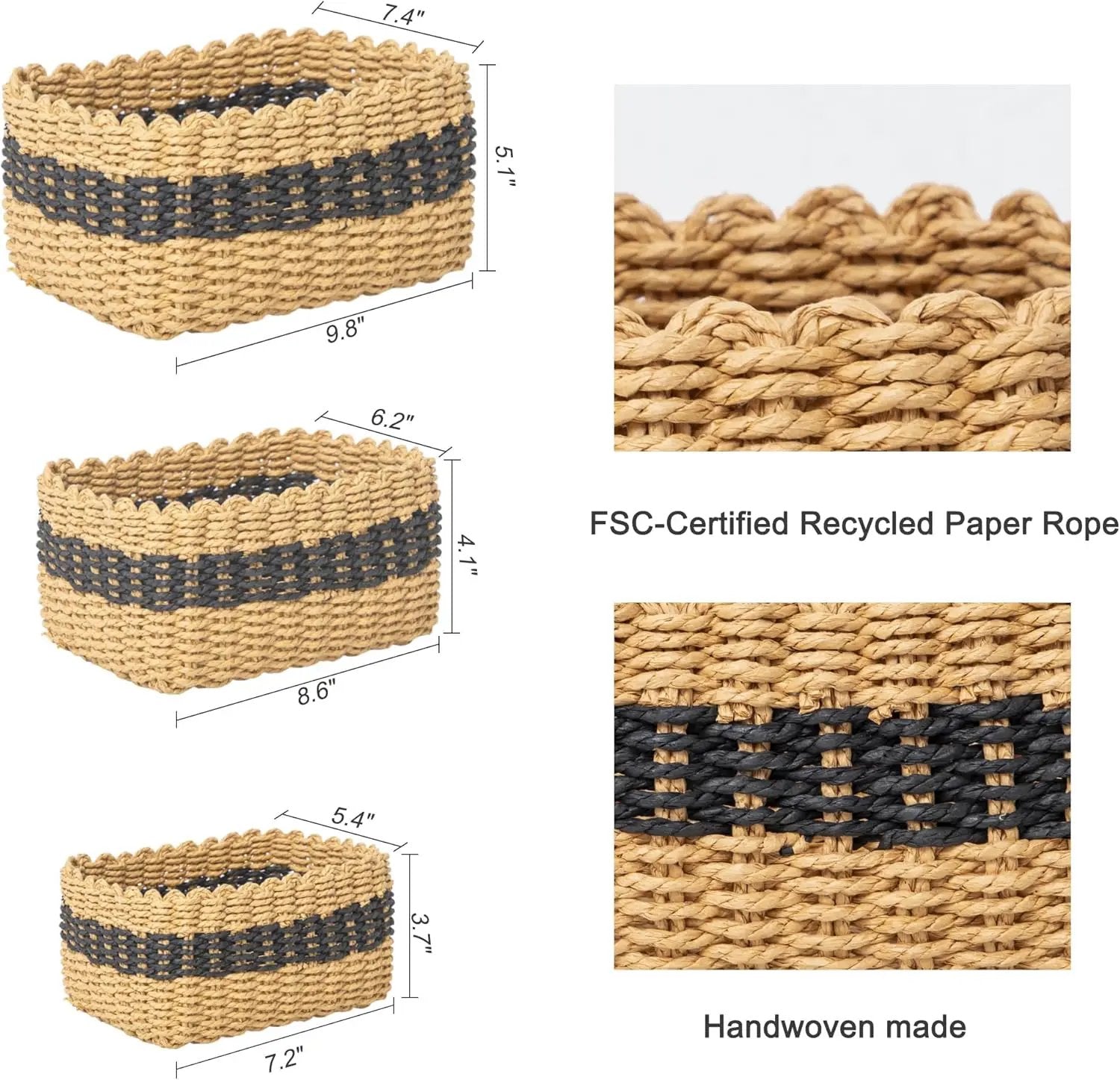 Small baskets for Organizing,Cute woven Storage basket with recycled paper rope for Shelves Bathroom,Little decorative basket,Set of 3 (Desert&Black) by GreenHaven Gardens