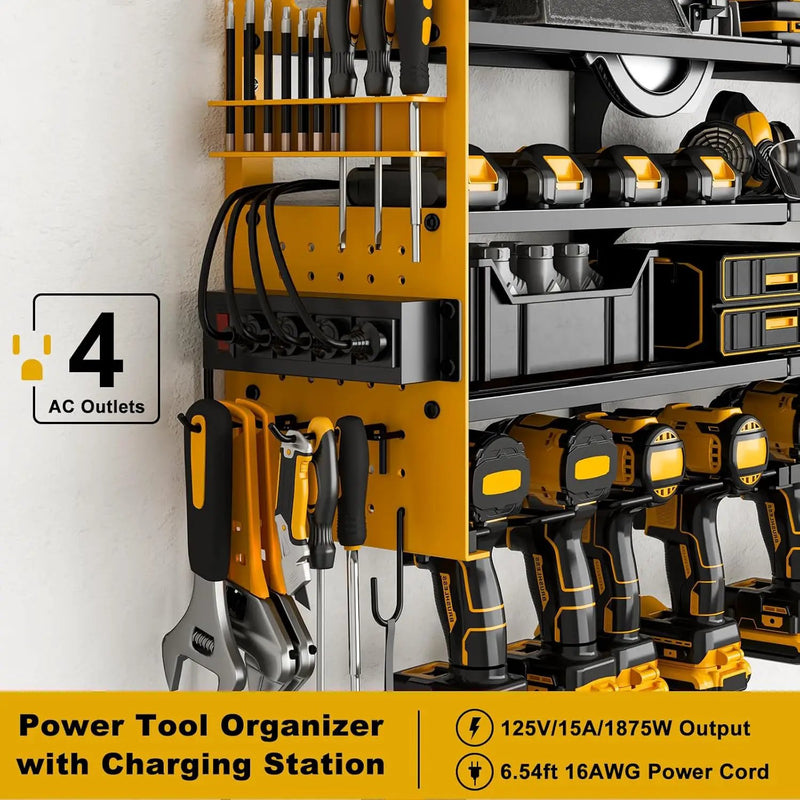 12 Cordless Drill Holder Large Power Tool Organizer Wall Mount with Side Pegboard & Screwdriver Holder, 4-Tier Heavy Duty Metal Tool Storage Rack with 4-Outlet Power Strip by GreenHaven Gardens
