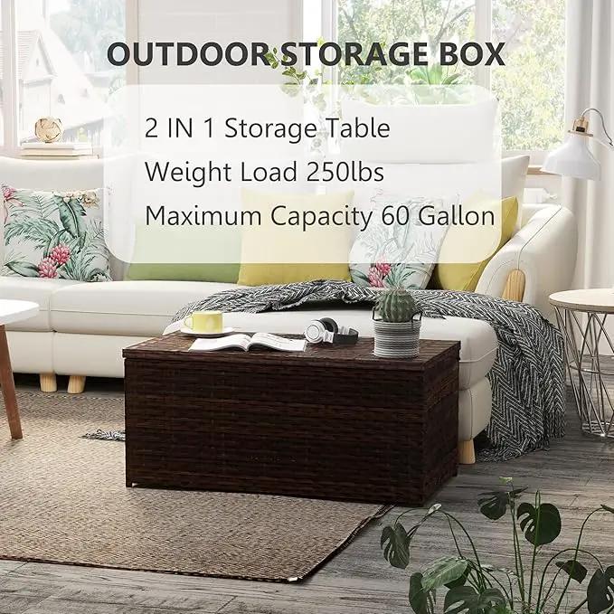 Outdoor 70 Gallon Wicker Storage Box with Waterproof Liner, Patio PE Rattan Storage Container for Outside, Deck Box with Hinged Lid for Cushions, Pillows, Towels, Horizontal Bin, Brown by GreenHaven Gardens