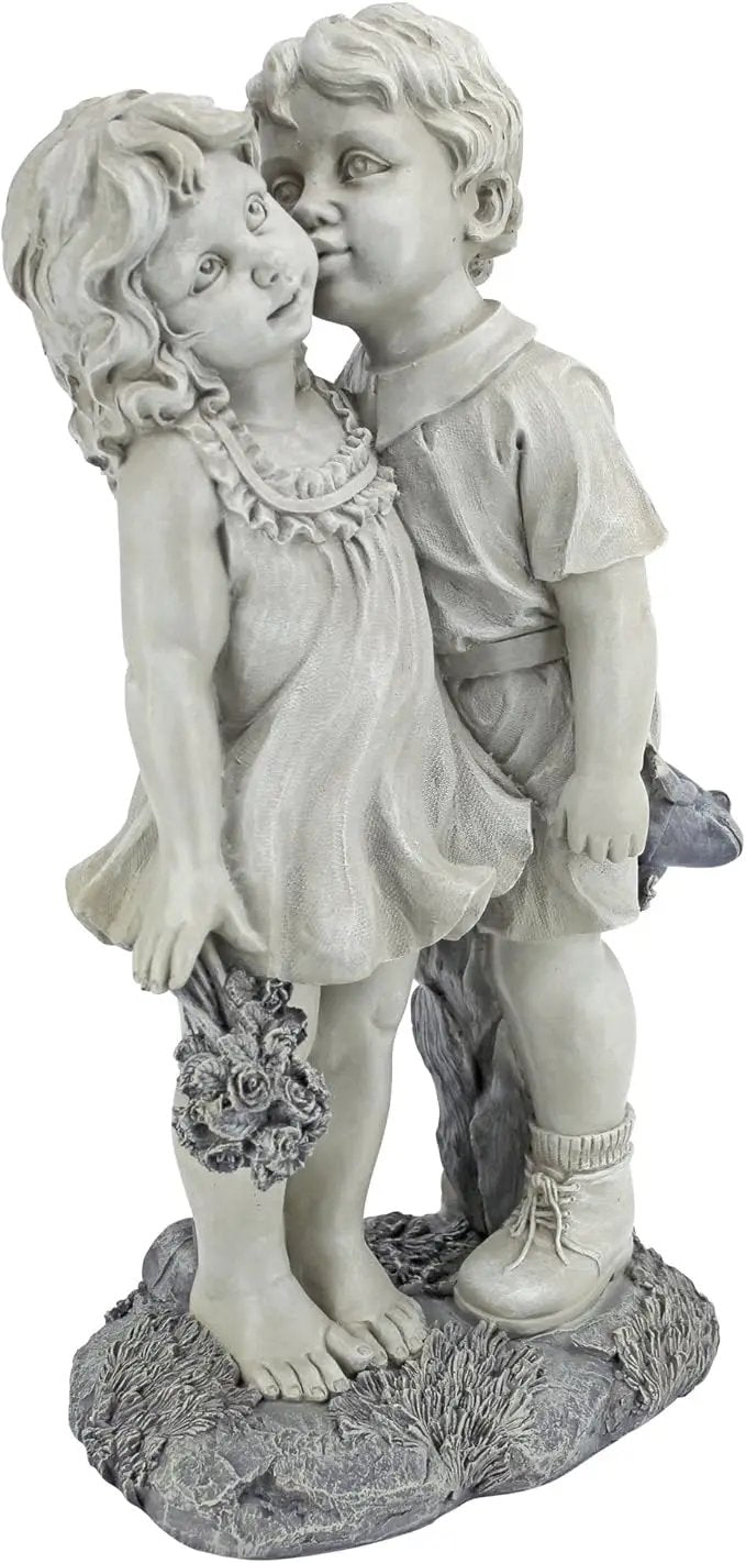 Young Sweethearts: Kissing Children Garden Statue by GreenHaven Gardens