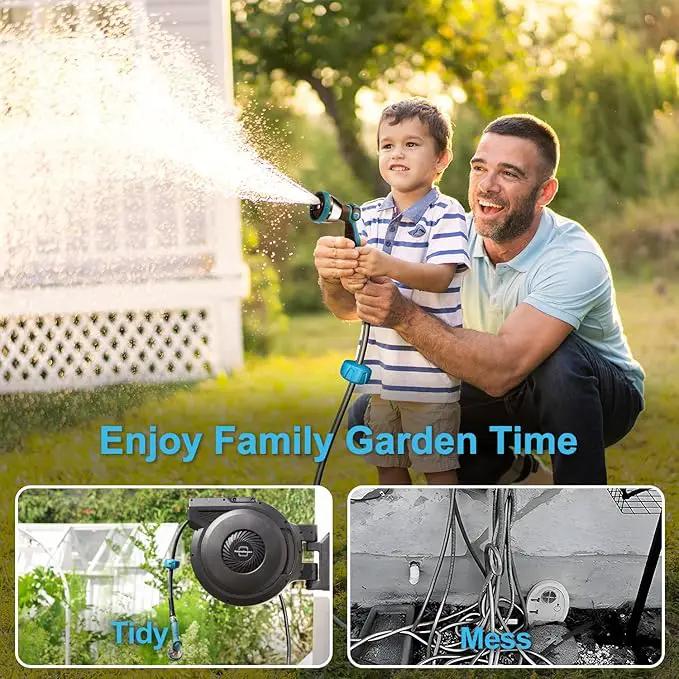 Retractable Garden Hose Reel - 5/8 inch x 80 ft Wall Mounted Hose Reel with 10 Pattern Nozzle & Any Length Lock, Heavy Duty Water Hose Supports Automatic Rewind & 180° Swivel, Black by GreenHaven Gardens