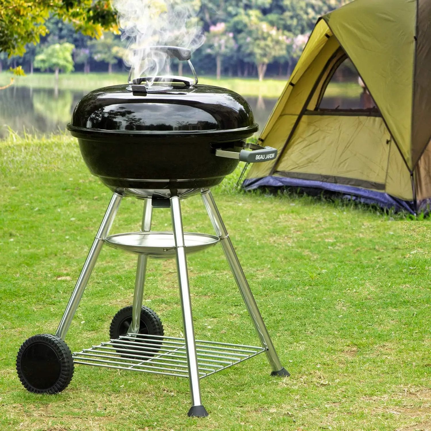 BEAU JARDIN Charcoal Grill 18 Inch for Outdoor Cooking BBQ Barbecue Coal Kettle Bowl Grill Portable Heavy Duty Round with Wheels Grilling for Tailgating Patio Backyard Camping Black BG4691 by GreenHaven Gardens
