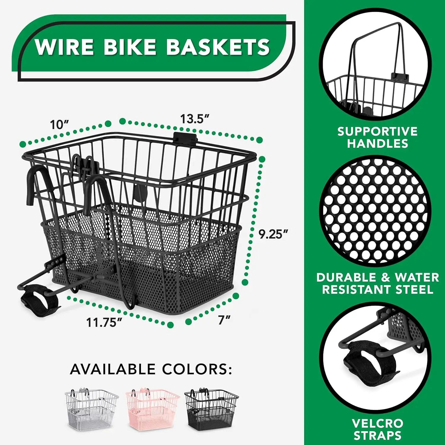ProSource Wire Bike Basket Front for All Ages, Detachable Bicycle Front Basket with 15lbs Storage Capacity, Lightweight Steel Mesh Backing for Durable Daily Use, Black by GreenHaven Gardens