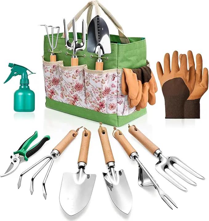 Gardening Tools of 9 Pieces | Stainless Steel Heavy-Duty Gardening Hand Tools with a Delicate and Durable Storage Bag and Anti-Slip Rubber Gloves | Garden Tools Make Ideal Gardening Gifts for Women by GreenHaven Gardens