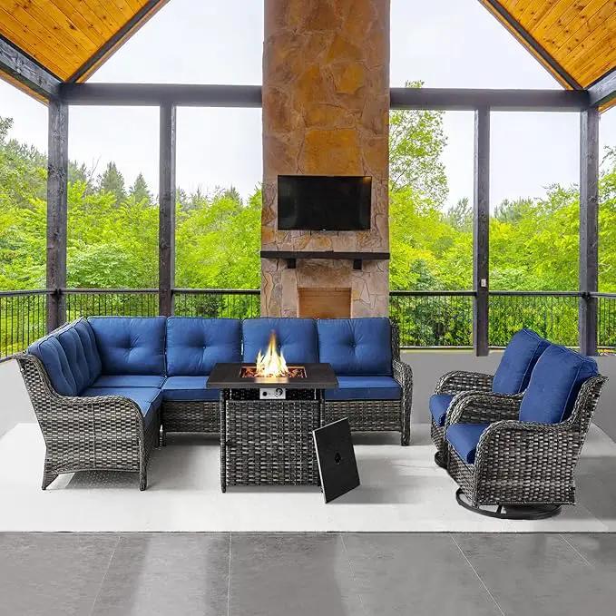 Outdoor Sectional Sofa Furniture Set with Propane Fire Pit Table, Wicker Patio Conversation Set with 2 Swivel Glider Rocker Chairs Blue Cushion Perfect for Backyard Casual Gathering by GreenHaven Gardens