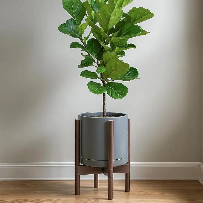 D'vine Dev Ceramic Planter with Walnut Color Stand - 12 Inch Modern Round Flower Pot with Wood Planter Holder, Grey, 55-B-W-3 by GreenHaven Gardens