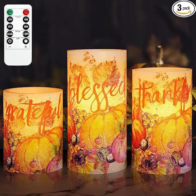 Thanksgiving Blessings LED Candles Pumpkin Glitter Desgin Real Wax Flickering Flameless Fall Harvest Battery Operated with Remote Timer 6H for House Warming Gifts New Home Table Tary Decor by GreenHaven Gardens