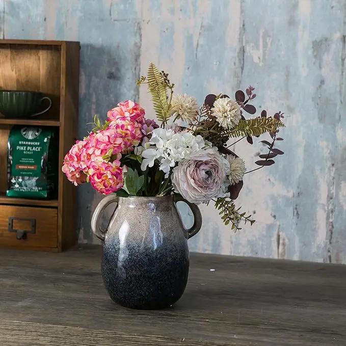 Brown Gradient Ceramic Vase with 2 Handles, Modern Farmhouse Decor, Rustic Terracotta Pottery, Decorative Flower Vases, Clay Small Vase, Centerpiece for Dining Table - 7 Inch Tall by GreenHaven Gardens
