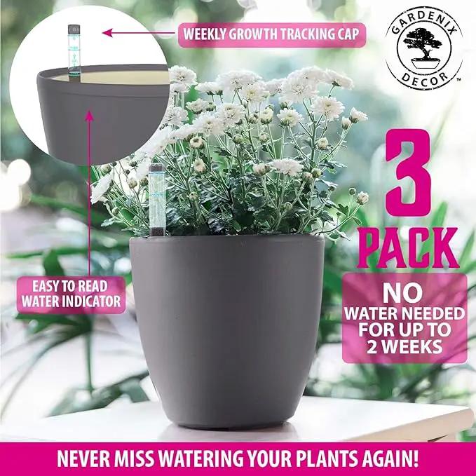 GARDENIX DECOR 7'' Self Watering planters for Indoor Plants - with Water Level Indicator for Flower Pot , Grow Tracking Tool - Coco Coir - Gray 3 Pack by GreenHaven Gardens