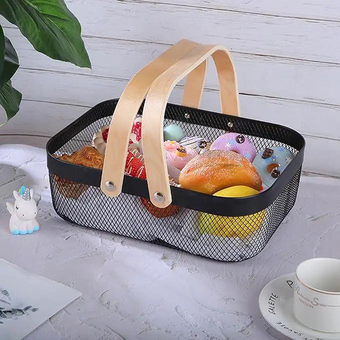 Metal Mesh Steel Basket, Storage Organizer Basket Garden Harvest Basket Multi-functional Kitchen Fruit Baskets Bin with Wooden Handle for Bathroom Picnic Shopping Decor Cabinet Home, Black by GreenHaven Gardens