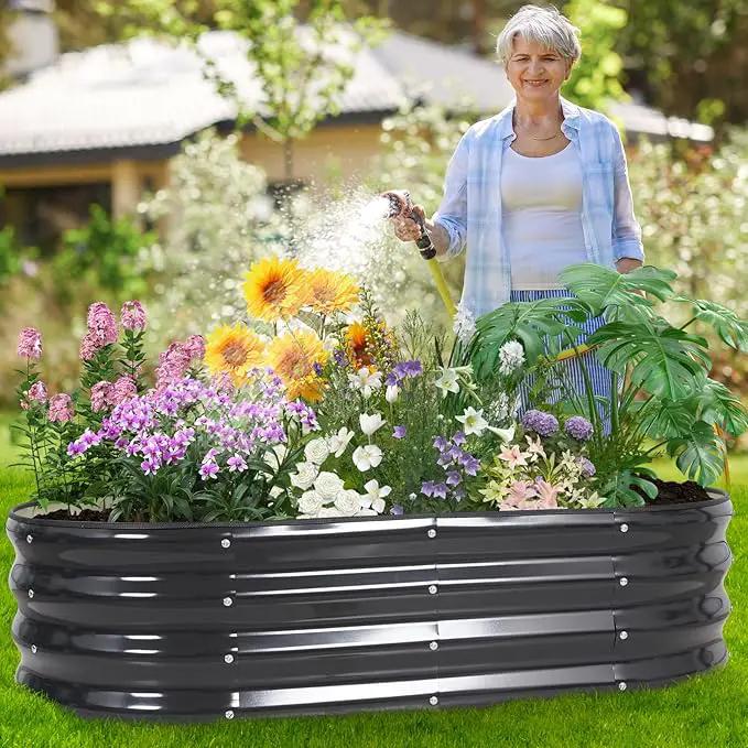 Galvanized Raised Garden Bed Outdoor - 4×2×1ft Planter Raised Beds for Gardening | Oval Metal Garden Planter Box with Safety Edging and Gloves for Vegetables Fruits and Flowers - Grey by GreenHaven Gardens