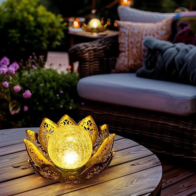 GIGALUMI Solar Lights Outdoor Garden Decor, Adjustable Metal Petal Lotus Flower Lights Crackle Globe Glass Lantern Outdoor Table Decor Waterproof for Patio, Lawn, Pathway, Pond, Christmas Gift by GreenHaven Gardens