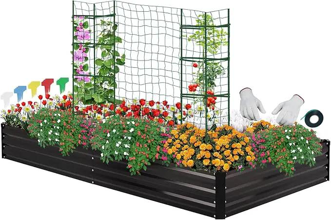 ONCEMORE Galvanized Raised Garden Bed for Vegetables Flowers Herbs, Metal Raised Garden Bed Kit with 2 PCS Tomato Cage, Gloves, Trellis Netting, Plant Labels, Plant Ties, Black 8×4×1FT by GreenHaven Gardens