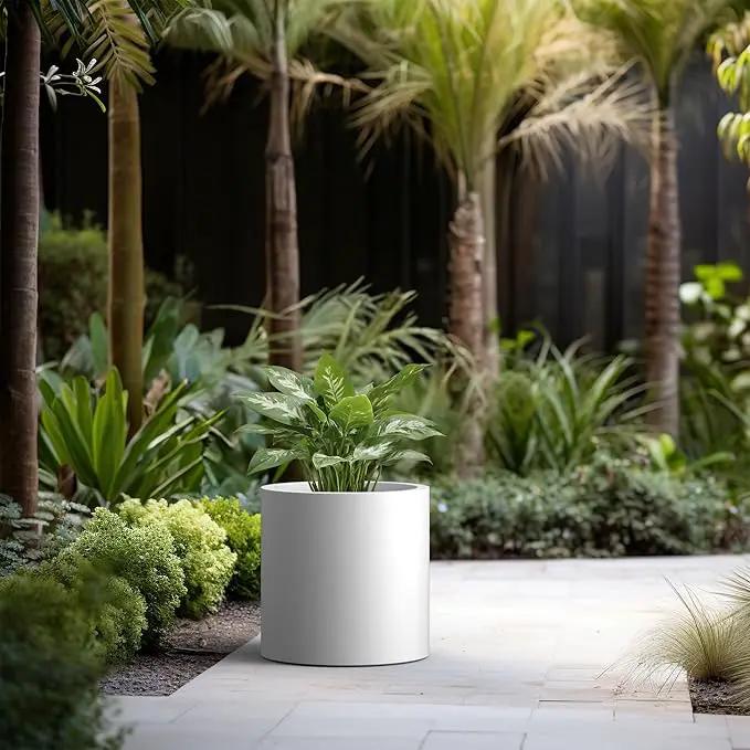 Kante 15.7" Dia Round Concrete Planter, Modern Style Large Cylindrical Plant Pot with Drainage Hole and Rubber Plug for Indoor Outdoor Patio, White by GreenHaven Gardens