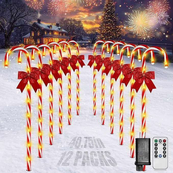 Christmas Candy Cane Pathway Lights, 12PCS 120 LED Christmas Lights Outdoor Decorations with Red Bow Waterproof, 8 Modes Timer Remote Christmas Walkway Lights for Xmas Home Yard Lawn Patio Decor by GreenHaven Gardens