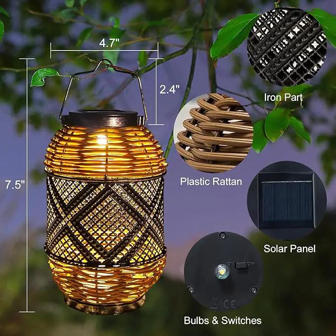 2 Pack Solar Lanterns Outdoor Waterproof,Rattan with Metal Hanging Solar Lights Boho Lanterns Decorative Lights with Handle for Patio Pathway Courtyard Tree Garden Yard Fence by GreenHaven Gardens