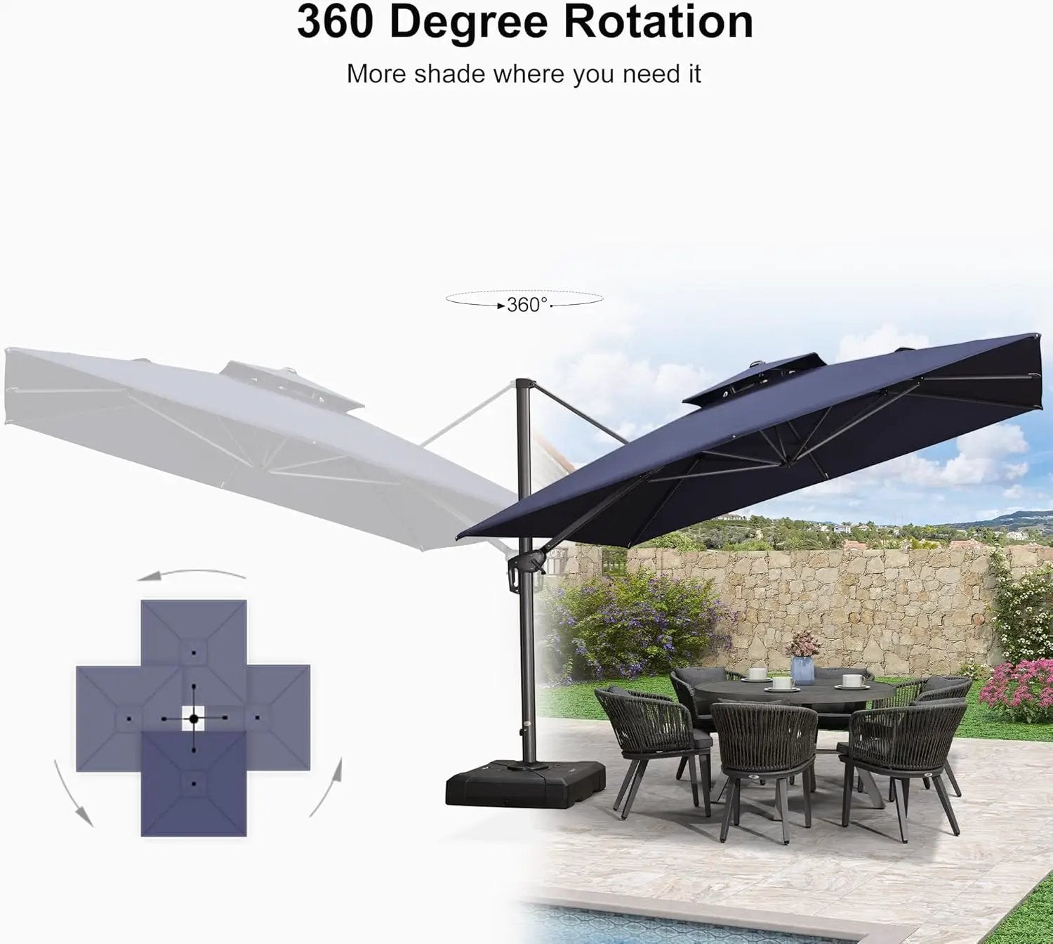 PURPLE LEAF 11FT Cantilever Outdoor Umbrellas Large Patio Umbrella Hanging Double Top Square Offset Umbrella with 360°Rotation Tilting Umbrella Outdoor Patio, Navy Blue by GreenHaven Gardens