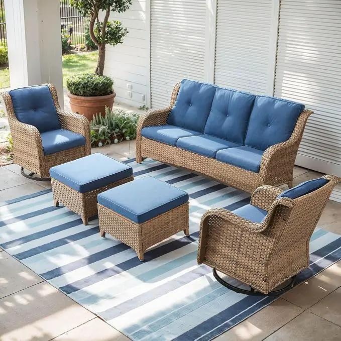 Outdoor Wicker Patio Furniture Set - 5 Piece Rattan Patio Conversation Set with 2 Rocking Swivel Chairs,2 Ottomans and 1 Sofa for Porch Deck Backyard Garden(Yellow/Blue) by GreenHaven Gardens