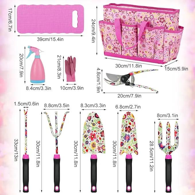 Gardening Tools Set, 10 PCS Stainless Steel Heavy-Duty with Non-slip Soft Rubber Handle with Large Garden Bag, Floral Pattern Gardening Tool Set Gifts for Women Birthday Mother's Day, Pink by GreenHaven Gardens
