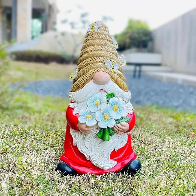 Outdoor Garden Gnomes Statue, Bee Flower Gnome Sculpture, with Solar LED Lights for Yard, Patio, Lawn Ornaments for Garden, Patio Gnome Gifts for Mom by GreenHaven Gardens