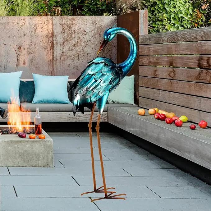 chisheen Metal Crane Garden Statue, Blue Heron Sculpture Yard Art, Large Heron Decoy, Bird Statues, Lawn Ornaments for Backyard Pond Patio Porch Outside Decorations by GreenHaven Gardens