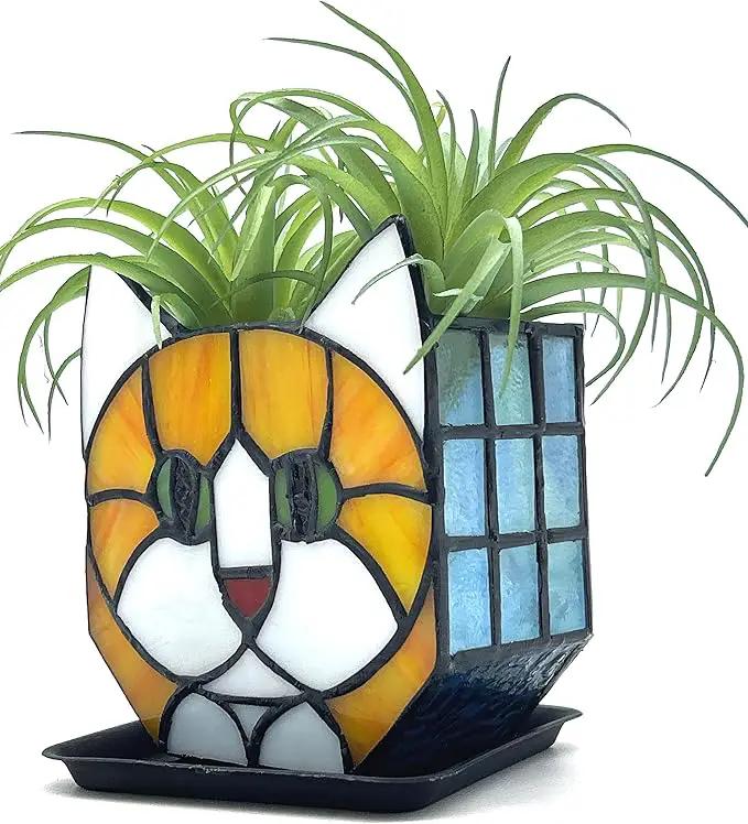 Tiffany Style Orange Cat Stained Glass Flower Pots,Indoor Plant Display, Orange Cat Small Pots for Plants, Gift for Cat Lovers,4.6x5.15x2.3 in （Excluding Plants） by GreenHaven Gardens