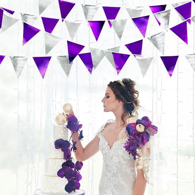 Purple and Silver Party Decorations Triangle Pennant Banner Flag Metallic Fabric Bunting Garland for Birthday Graduation Retirement Bachelorette Wedding Bridal Shower Engagement Disco Party Supplies by GreenHaven Gardens