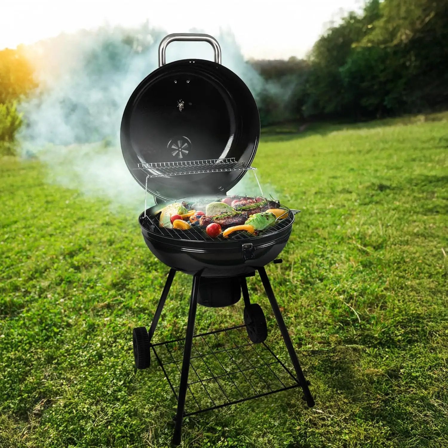 Grill Boss Charcoal Kettle Grill with Large 22-Inch Cooking Area - Includes Warming Rack, Bottom Storage Shelf, Ash Catcher & Wheels for Outdoor BBQ, Tailgating, Camping & Backyard Grilling by GreenHaven Gardens