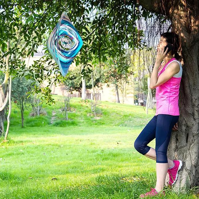FONMY Mandala Wind Spinner w/Crystal Ball 3D Stainless Steel Hanging Wind Spinner Worth Gift Christmas Decoration Indoor/Outdoor Garden Décor Kinetic Yard Art 12 Inches Multi Blue Wind Sculpture by GreenHaven Gardens