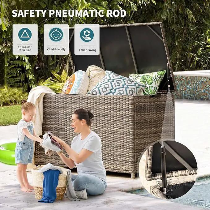 178 Gallon Outdoor Storage Box, Patio Deck Box with 2 Wheels, Handle Large Portable Wicker Rattan Deck Box for Patio Furniture Cushions, Throw Pillows, Garden Tools and Pool Floats (Gray) by GreenHaven Gardens
