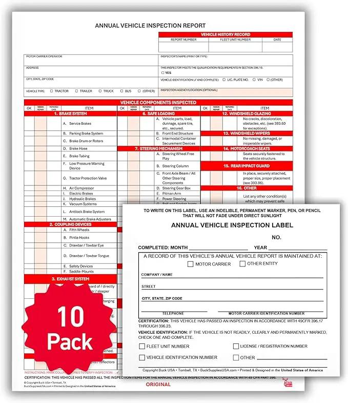 10 Pack 3-Ply Carbonless Annual Vehicle Inspection Report Forms with FMCSA 2-Ply Mylar Laminate Adhesive Vinyl Labels, DOT Inspection Forms and Stickers, Shrink-Wrapped, 8.5" x 11.75" - Made in USA by GreenHaven Gardens