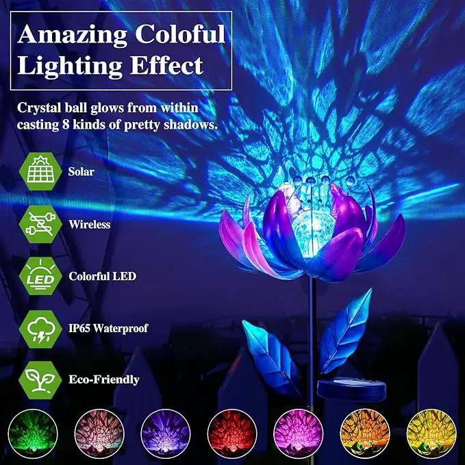 Solar Purple Metal Flower Wind Spinners, Colorful Spinning Windmill Lotus Yard Art Lights Wind Pinwheels with LED Crystal Ball Decorative Stake Lighting Flower Sculpture by GreenHaven Gardens