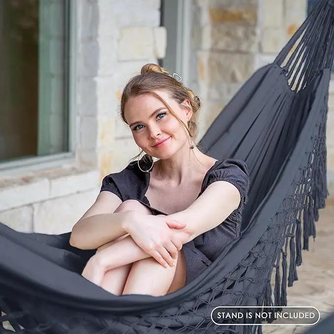 SUNCREAT Extra Large Double Hanging Hammock for Camping, Hammocks for Outside 2 Person Heavy Duty, Dark Gray with Tassels by GreenHaven Gardens